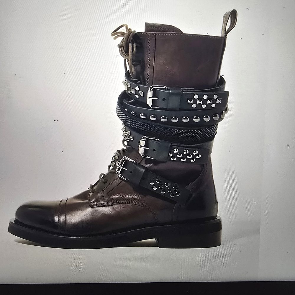 L'IDEA Studded Leather buckle Combat Boot Size 41  NEW With Box